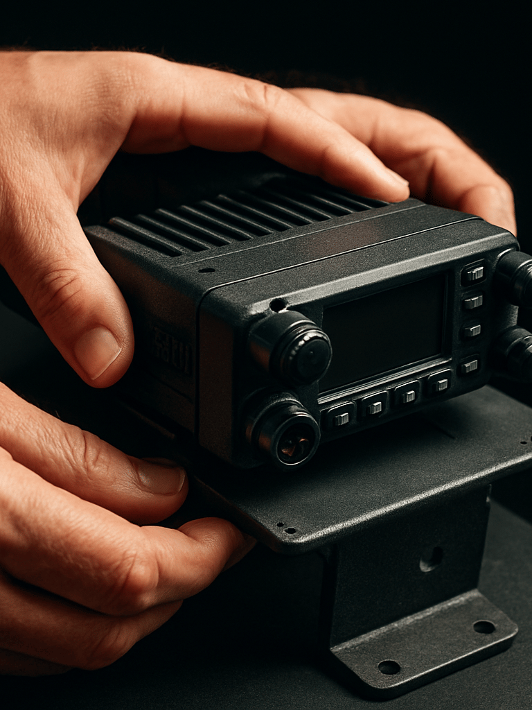 Close-up of a technician's hands mounting a digital radio transceiver onto a steel vehicle bracket, studio strobe lighting revealing connector pins and equipment labels in sharp detail, dark background, mechanical texture prominent