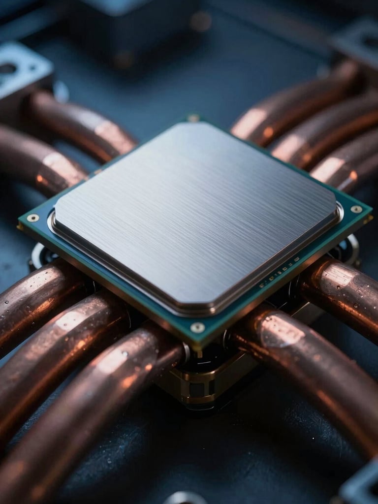 Extreme macro photograph of a high-performance silicon processor die, brushed metal copper heat pipes, low-key dramatic studio lighting with deep navy shadows and subtle electric indigo backlighting.