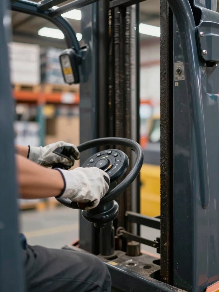 Close-up of gloved hands operating a forklift control panel on a warehouse floor, tungsten overhead light, metal and rubber textures sharp, logistics operation visible in soft background