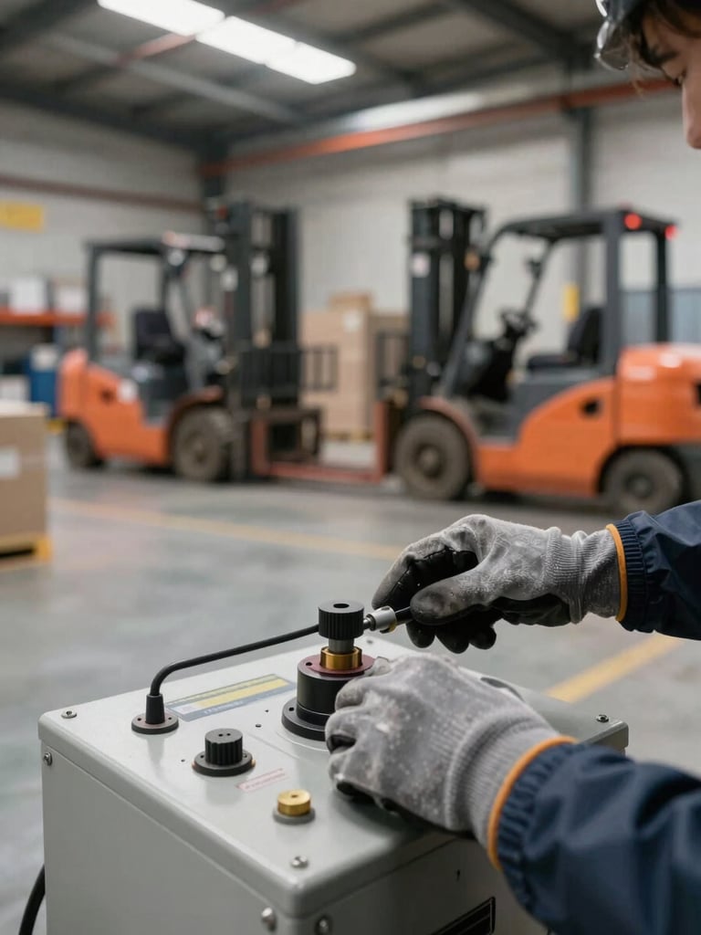 Close-up of gloved hands operating a hydraulic control panel on a warehouse floor, natural overhead industrial lighting, motion visible in the background as forklifts move product