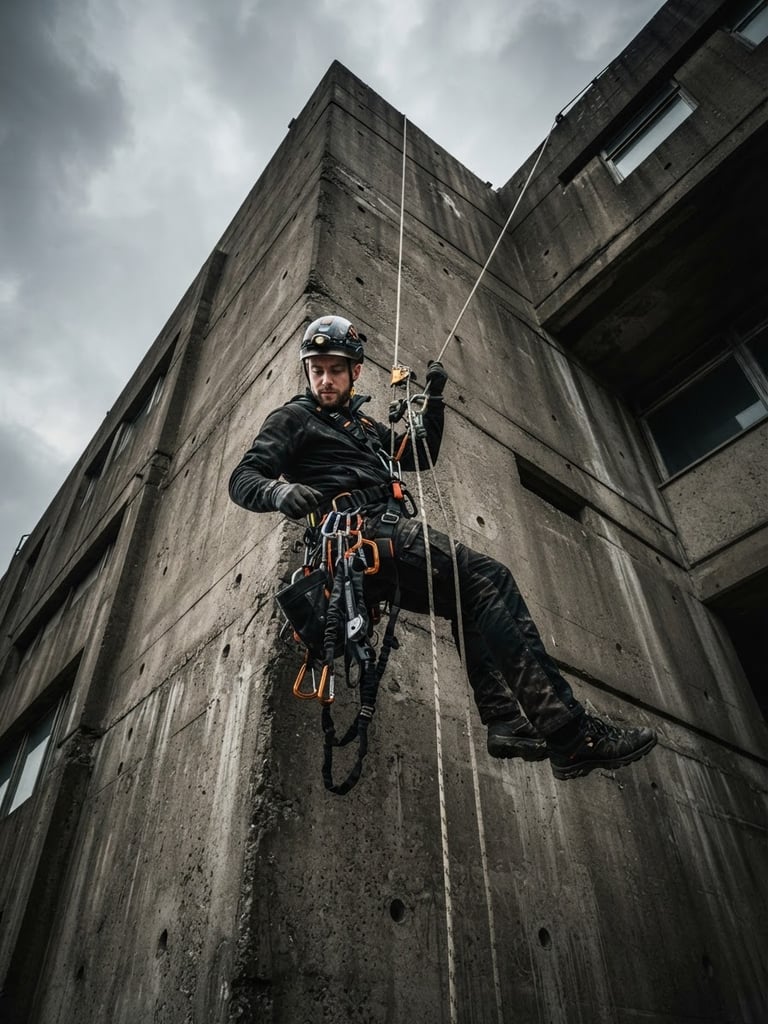 Low-angle dynamic shot of an industrial climber in safety harness suspended on ropes against a concrete facade, dramatic overcast daylight, sharp focus on technical gear, high-contrast dark tones.