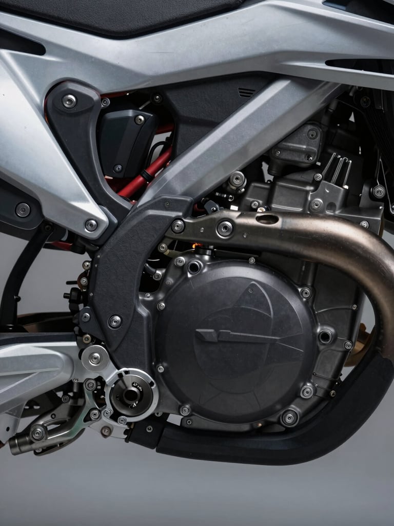 Extreme low-angle close-up of an electric motorcycle motor housing and swingarm junction, cool studio strobe lighting catching every machined edge, deep shadows between components, metallic grey and black surfaces, no rider, no background detail — pure mechanical geometry