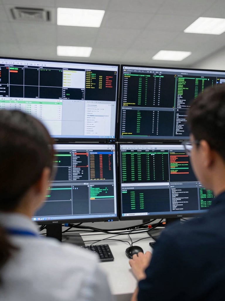 Close-up of a network operations control room, two engineers reviewing multi-screen displays showing live system telemetry, shot from behind at shoulder level, bright even overhead lighting rendering screen data and cable runs in crisp technical detail, no faces visible