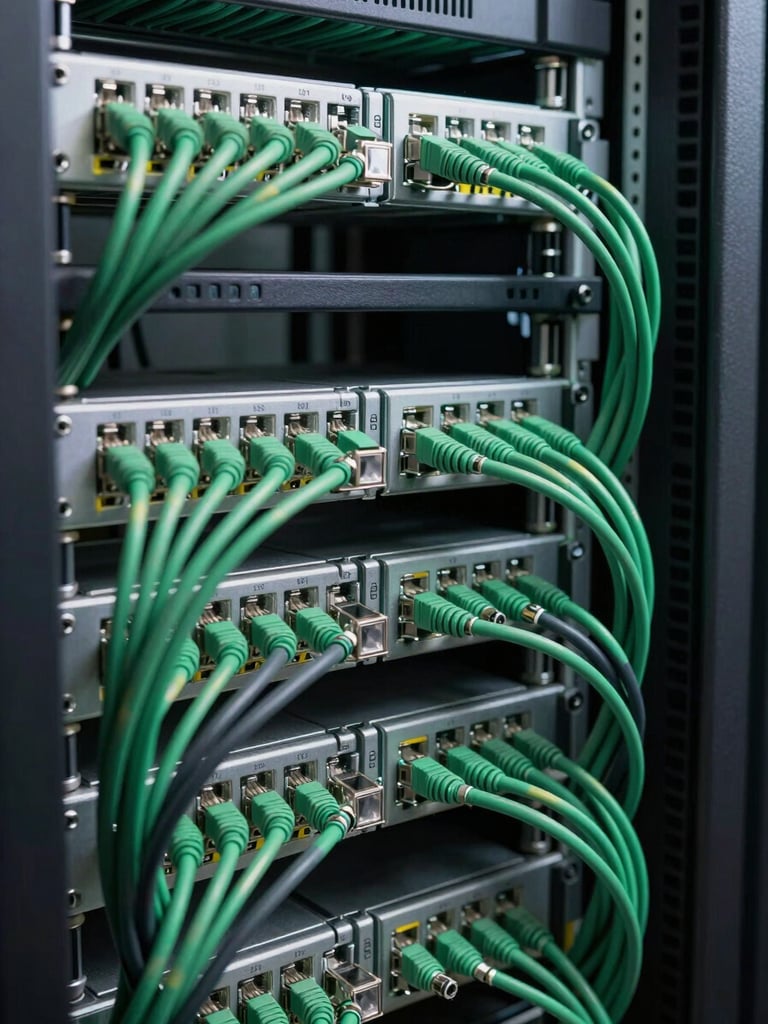 Extreme close-up of dense server rack cabling in a data center, tightly organized ethernet cables in green and black, studio lighting revealing precise cable management, no human subject, clean and controlled environment