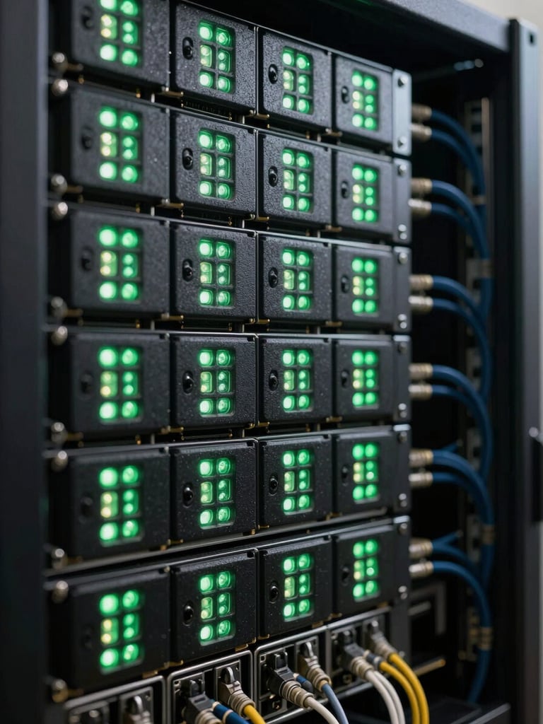 Extreme close-up of dense server rack blade units, front panel indicator lights glowing green against matte black chassis, studio-controlled even lighting from the left, no shadows, cables visible in precise order at the right edge