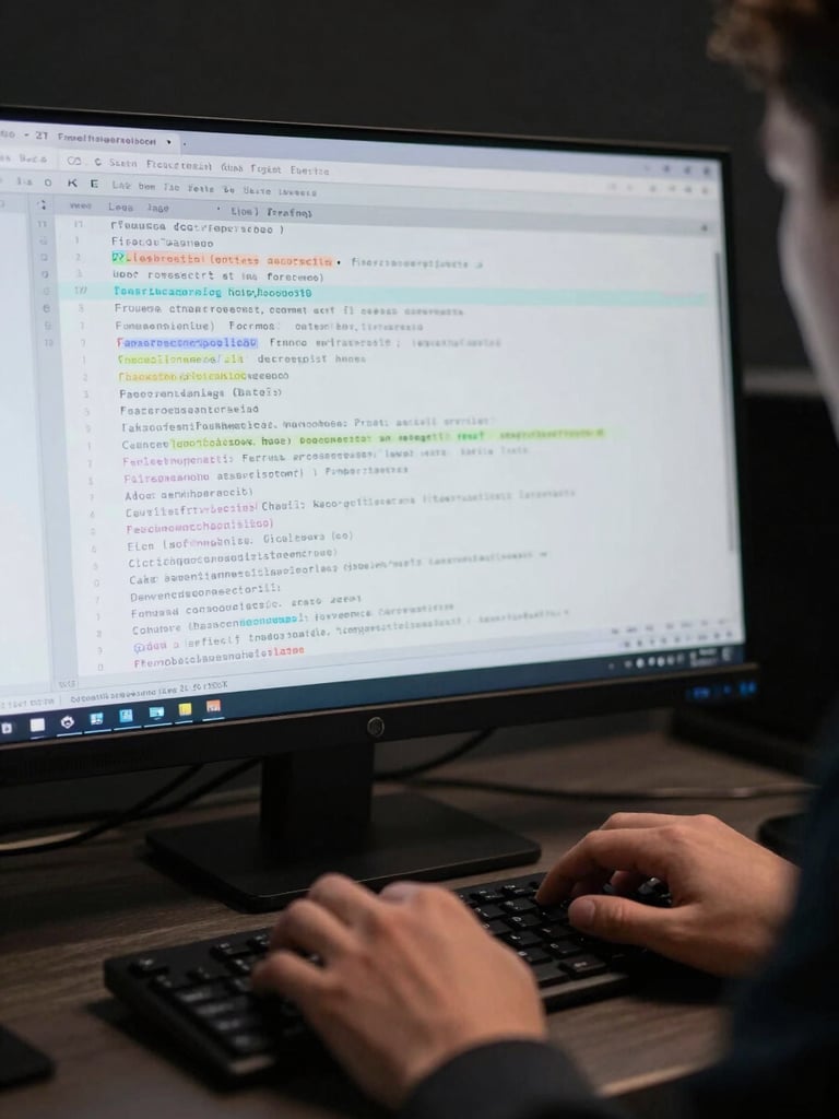 Close-up of a security analyst reviewing a terminal screen showing firewall log entries, hands resting on keyboard, controlled studio lighting from above, dark background, sharp focus on the screen text
