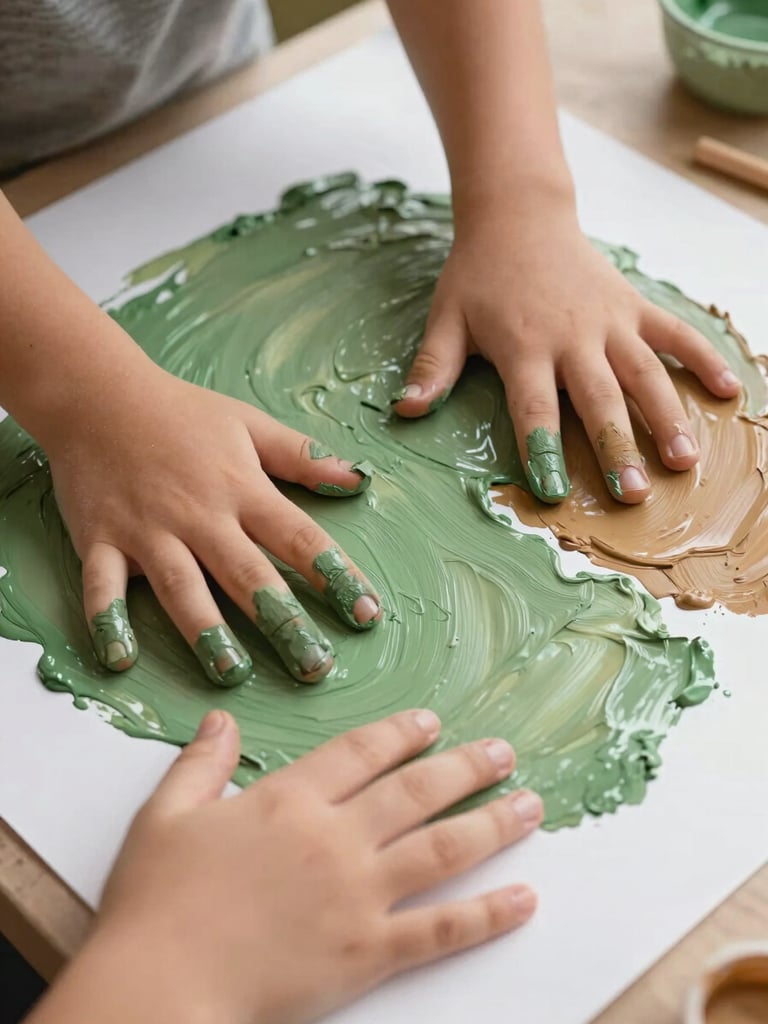 Close-up of children's hands pressing paint-covered fingertips onto large paper on a table, vibrant earthy greens and ochres mid-application, soft north-facing daylight, no faces, materials in motion