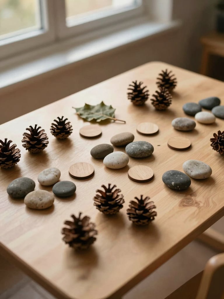 Overhead view of a low wooden play table mid-activity — loose-parts materials scattered: pine cones, smooth river stones, small wooden discs, leaves — in soft golden-hour window light, no children in frame, warm beige surface, documentary stillness