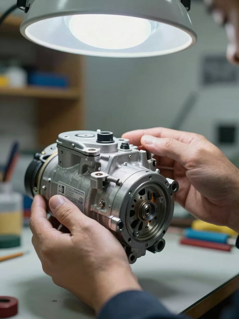Extreme close-up of a technician's hands holding a refrigerator compressor component above a workbench, part number label clearly visible on the metal casing, workshop work-light from above, blurred Rabat atelier shelving in background — tight framing, no styled props