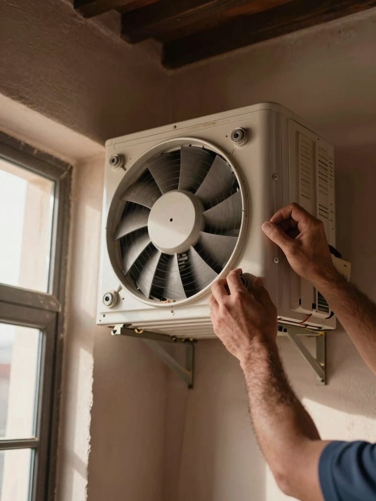 Extreme close-up, tight frame — technician's hands removing the front panel of a wall-mounted indoor AC unit in a Moroccan home interior, work-light illuminating the internal fan coil and dust-covered filter, natural window light from the left casting a soft directional shadow, no styling or staging, documentary framing