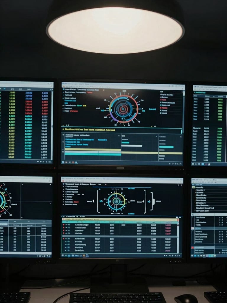 Extreme close-up overhead view of a monitoring dashboard mid-analysis, multiple data streams visible on dark screens, clinical cool overhead work-light, desaturated high-contrast monochrome, forensic institutional lighting, no human faces