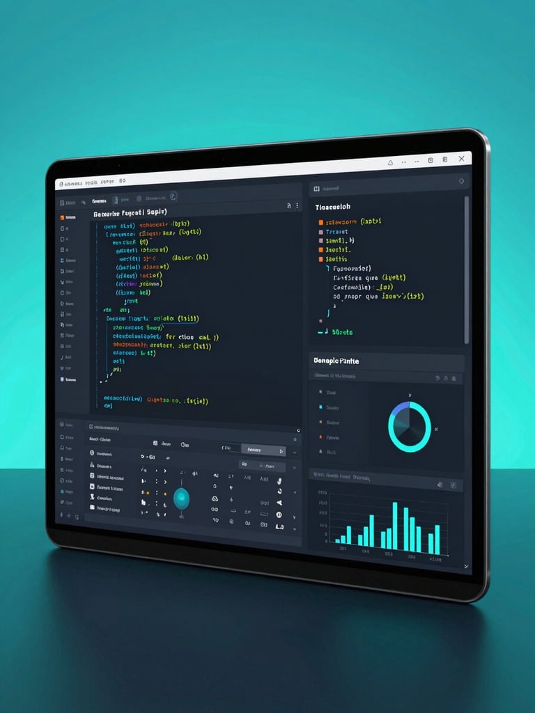 Professional clean interface of code editor with database schema and data visualization charts on dark screens, cool cyan glow, sharp focus