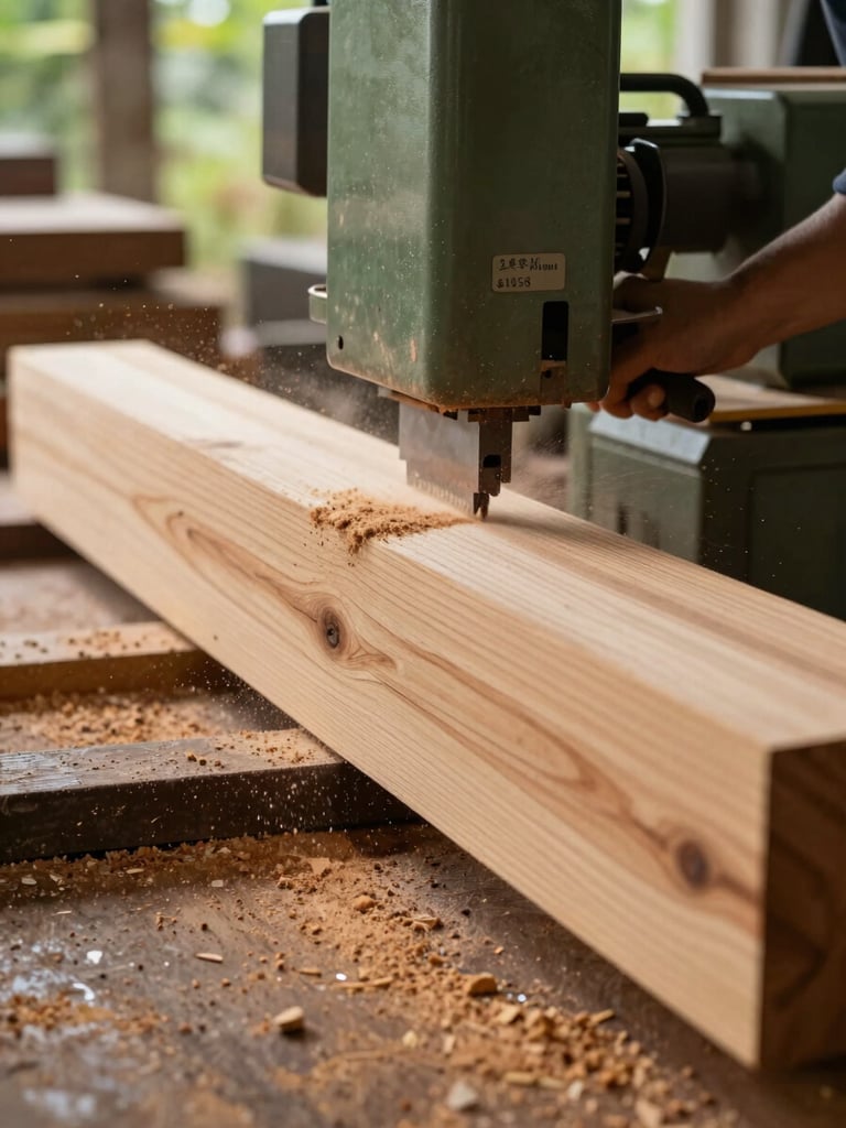 Industrial woodworking machinery making a clean, millimeter-precise cut on a large tropical wood beam, sawdust flying, natural daylight