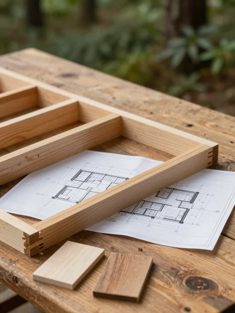 Architectural blueprints of a wood structure lying on a rustic wooden worktable, paired with small samples of treated timber, soft side lighting