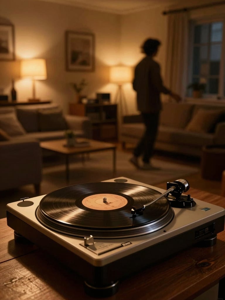 Wide cinematic frame looking into a warmly lit living room at night, a vintage turntable spinning a record to the left foreground, warm amber lamp light spilling across a wooden surface, a silhouetted figure in the background swaying gently, no faces visible, rich tungsten glow with deep shadow edges