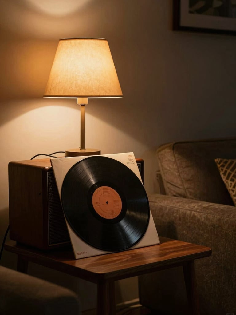 Dimly lit living room corner at night, a warm amber lamp on a side table casting soft golden light over a vinyl record sleeve resting against a vintage speaker, deep shadows filling the background, no people, intimate and still