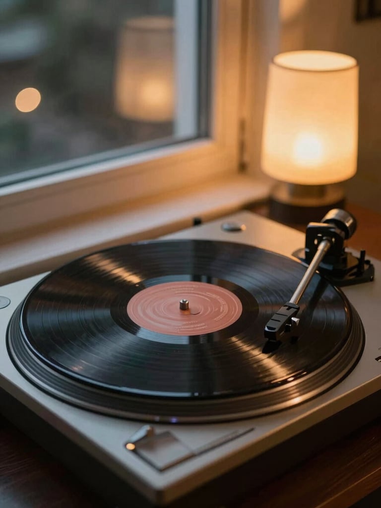 Wide shot of a vinyl record spinning on a turntable in a warmly lit room at night, a window behind it showing blurred city lights, amber lamp glow reflecting off the record surface, soft depth of field, intimate and still
