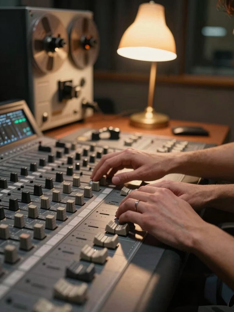Intimate close-up of two pairs of hands resting on a broadcast console in a dimly lit radio studio, warm amber desk lamp casting long shadows over the mixing board, vintage reel-to-reel machine visible in the background, no faces, cinematic depth of field