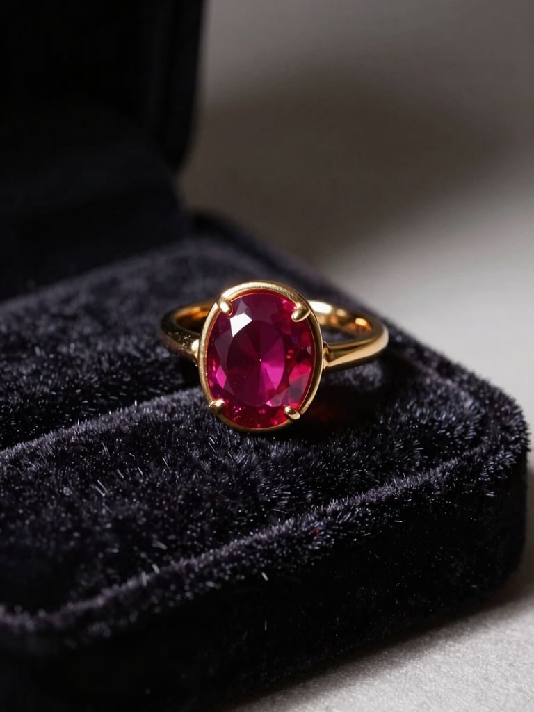 Intimate close-up of a gold and ruby ring resting on dark velvet under a single studio strobe, dramatic shadow falling away to the right, rich chiaroscuro, no hands, no background clutter