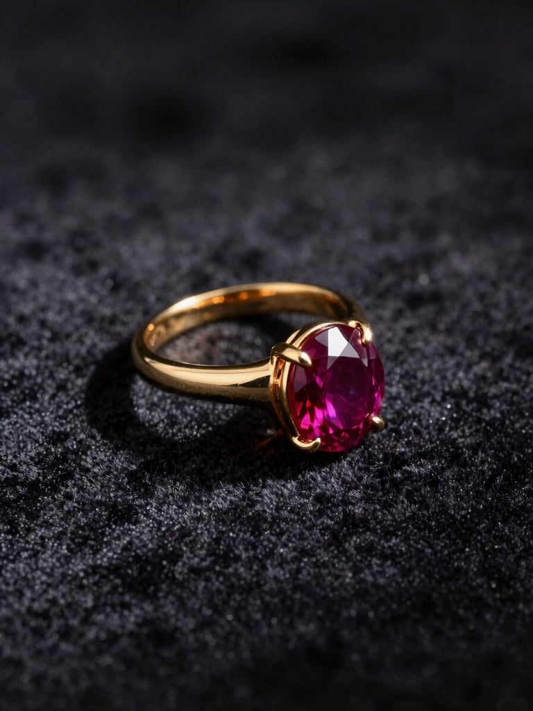 Close-up editorial shot of a luxury jewelry piece — a gold ring with a deep ruby stone — resting on dark velvet fabric under focused studio strobe light, dramatic shadow on the left, rich chiaroscuro, cinematic depth of field, no background clutter