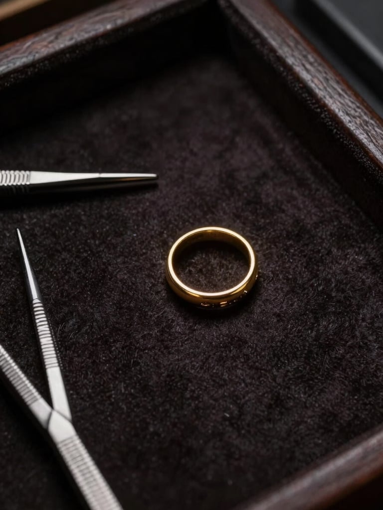 Close-up overhead composition of a jeweler's bench — a single gold ring catching studio strobe light against dark velvet, fine tools arranged in deliberate negative space to the left, deep shadows framing the edges
