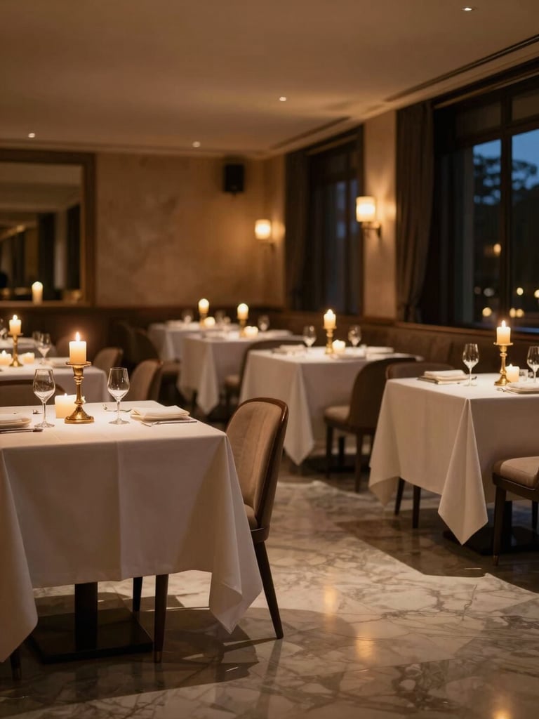 Wide shot of a candlelit luxury hotel dining room at dusk, empty white-linen tables receding into shadow on the right edge of frame, a single gold candelabra in sharp foreground focus, deep chiaroscuro with warm amber pooling on polished marble floors, cinematic depth of field