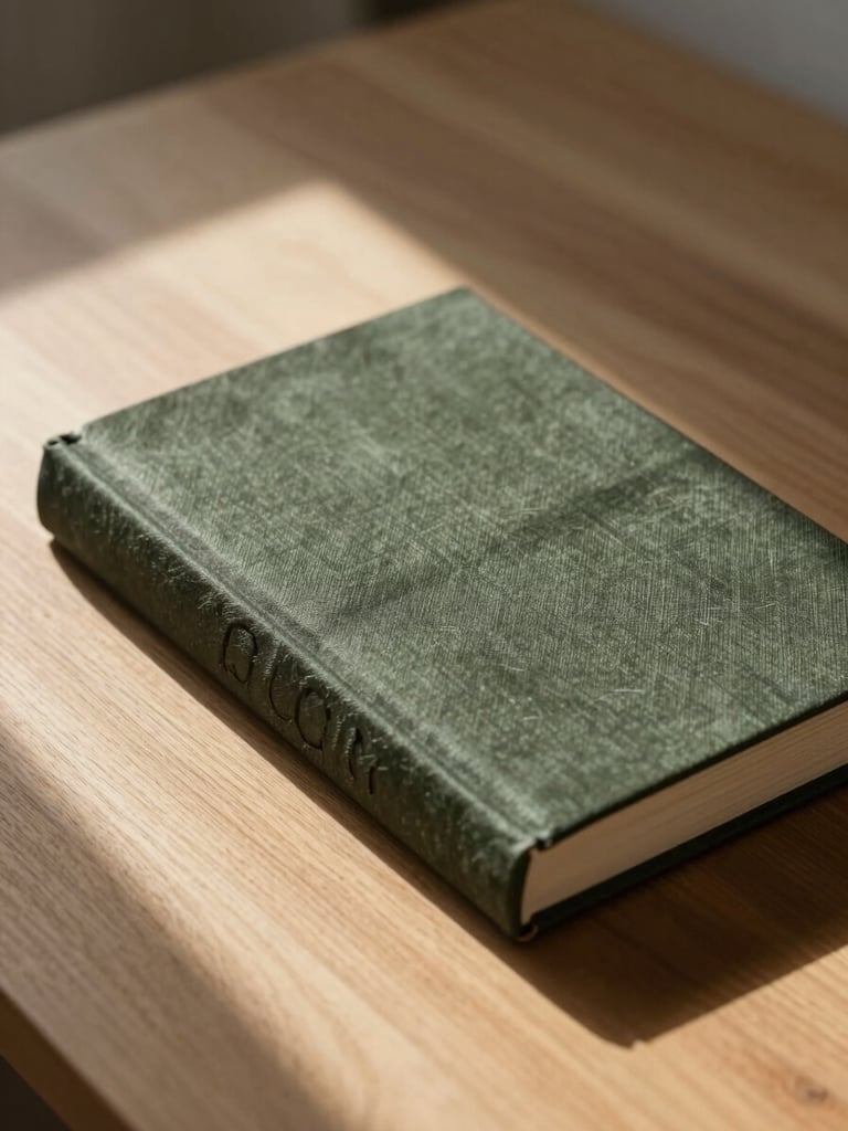 A close-up of a premium, deep-olive linen-bound book resting on a minimalist oak desk, soft morning sunlight casting long architectural shadows across the textured paper.