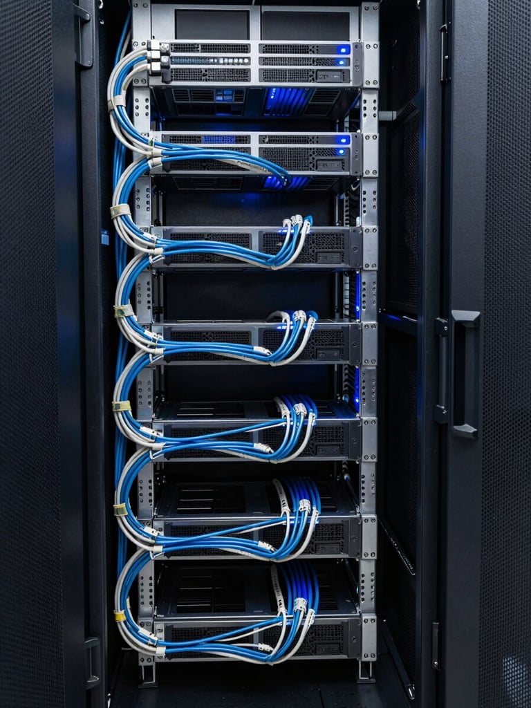 Vertical portrait of a meticulously organized server rack with clean cable management, cool ambient blue LED highlights, tight geometric framing.