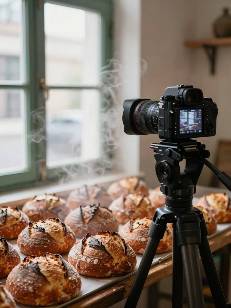 Behind-the-scenes shot of a professional camera on a tripod capturing steam rising from freshly baked sourdough bread in a warm bakery, soft lighting