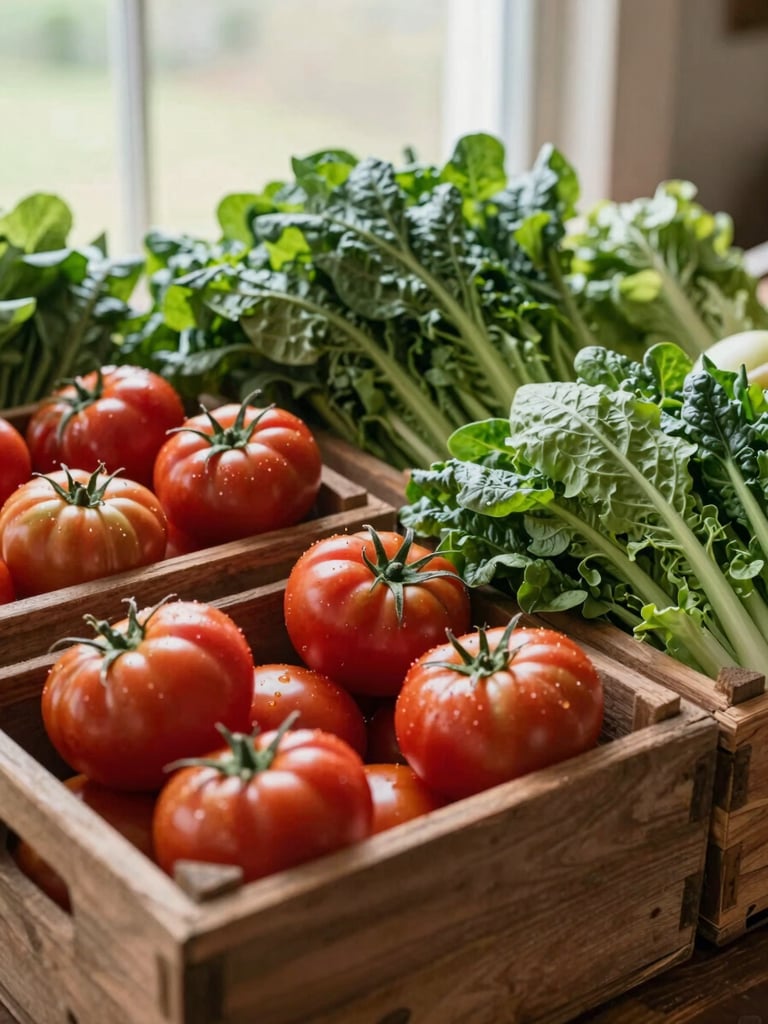 Cozy rustic farm stand with wooden crates of organic heritage tomatoes and leafy greens, warm diffused side-lighting, 35mm