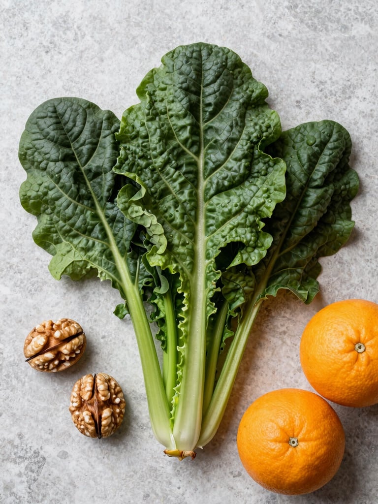 A flat-lay of raw whole foods including dark leafy greens, walnuts, and fresh citrus on a textured light gray stone background under bright natural light.