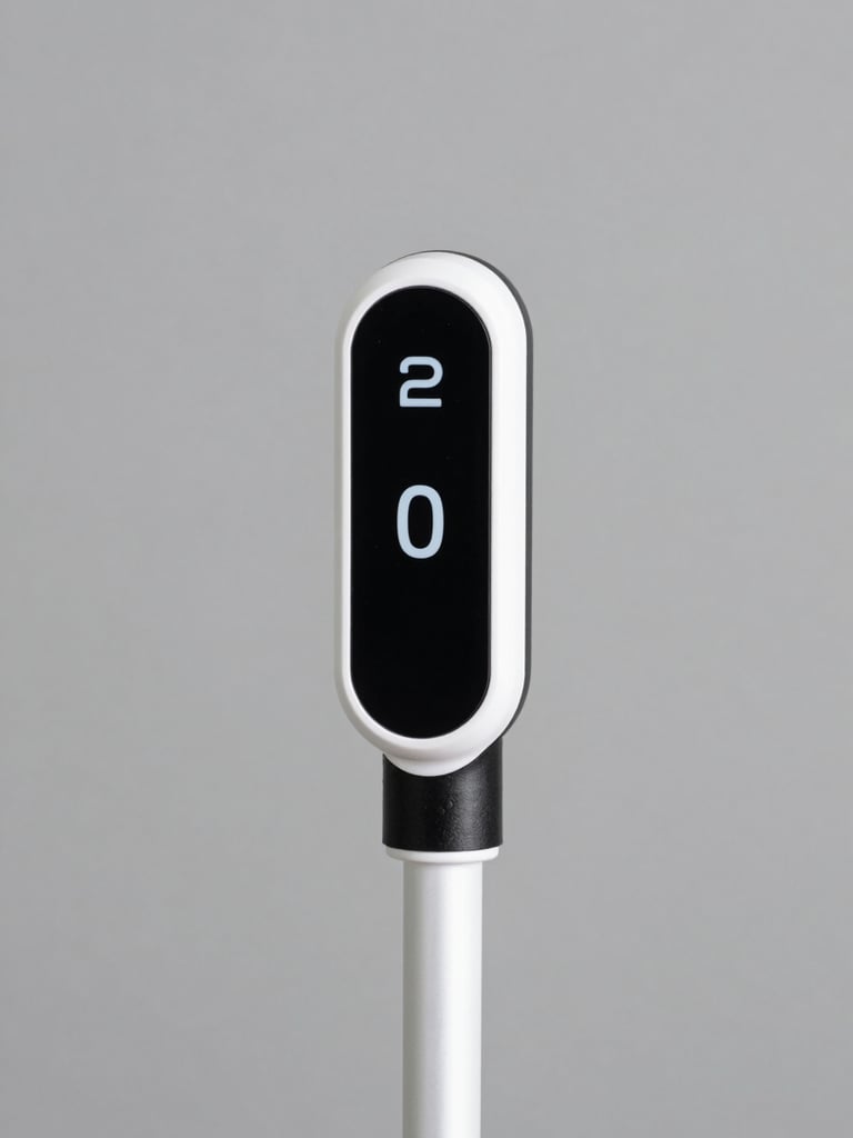 Upload approved SmartCane Device 2 photograph showing a close-up of the device mounted on a white cane, high-contrast studio lighting.