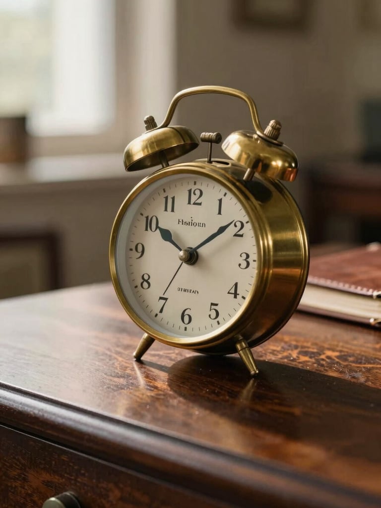 A close-up of a vintage brass desk clock and a leather-bound ledger on a dark mahogany table, warm directional afternoon light, soft focus background.