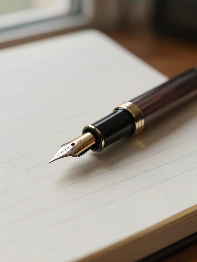 Close-up of a vintage fountain pen resting on heavy cotton paper ledger, soft window light, shallow depth of field.