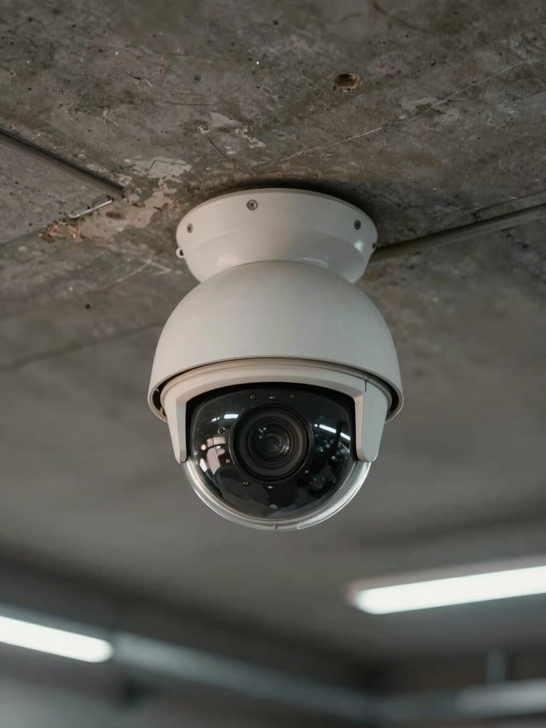 High-angle close-up of a dome security camera housing mounted on a concrete warehouse ceiling, industrial lighting tubes visible in background, worn ceiling panels showing operational age, mixed tungsten and ambient overhead light, wide portrait crop with generous negative space above the camera