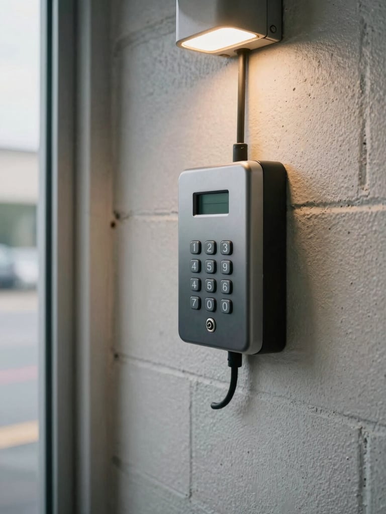 Close-up of a modern access control keypad reader installed flush on a painted cinderblock wall beside an operational warehouse doorway, wiring running neatly into wall conduit, overhead ambient tungsten light mixing with daylight through the open door frame, worn concrete floor at base, no people present