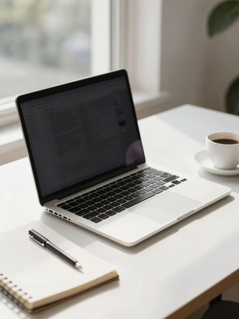 A bright, modern workspace in natural daylight, featuring a high-end laptop, a clean notebook, and a coffee cup, representing professional remote operations.