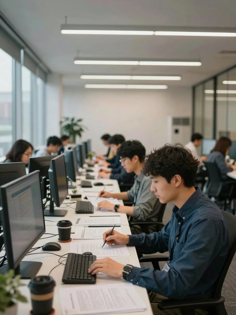 Wide medium shot of an open-plan office floor, team members at desks reviewing documents and typing, natural window light from the left, overhead office fixtures, rows of monitors visible, daytime work environment