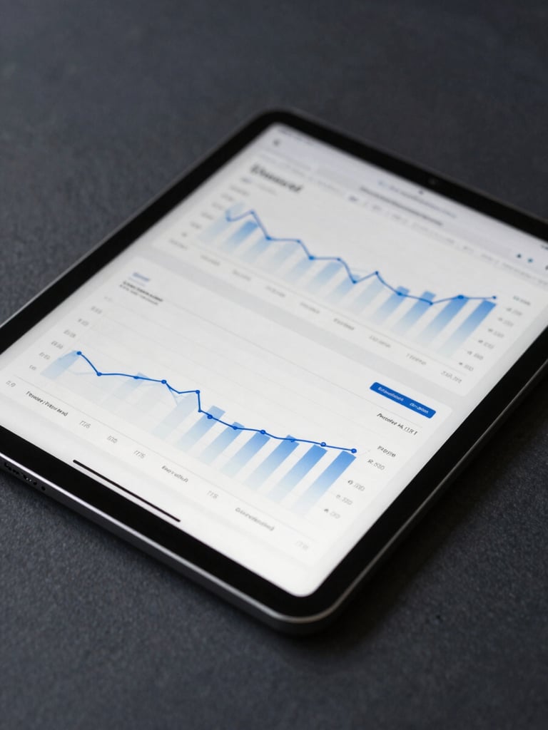 Portrait orientation close-up of a modern analytical dashboard on a tablet, clean line charts, dark slate background, soft natural side light