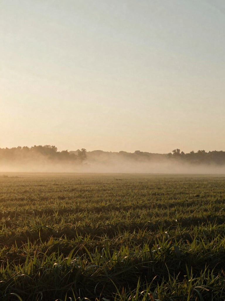 A quiet Ohio landscape at dawn, soft mist rising off a field, calm and serene, warm overcast daylight, 35mm film feel.
