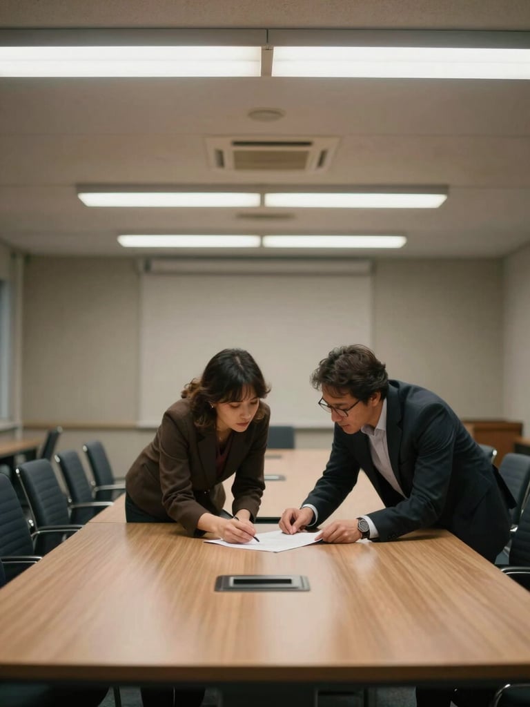Wide conference room mid-conversation, two people leaning over a document-covered table, institutional overhead lighting casting even light across the space, empty chairs visible in the background suggesting scale of the meeting room
