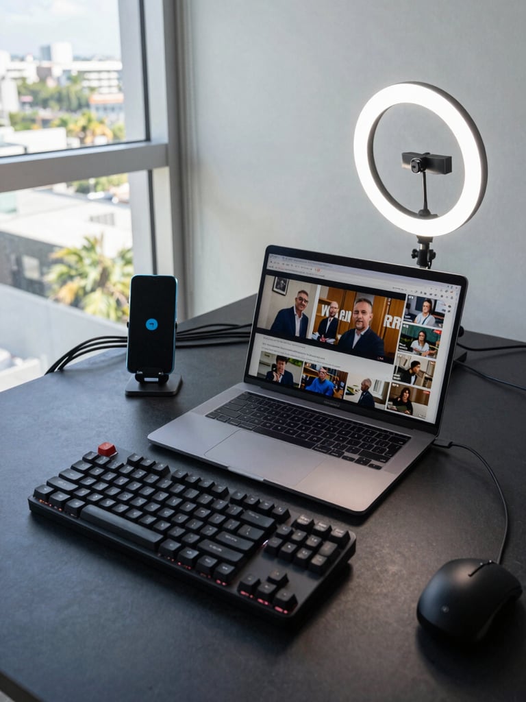 Wide overhead shot of a YouTube creator's desk setup in a Miami apartment studio — mechanical keyboard, open laptop showing review footage, a flagship Android smartphone resting on a stand, ring of LED studio light reflected in the screen, natural window light entering from the left, cables organized along the desk edge, charcoal surface, no people visible