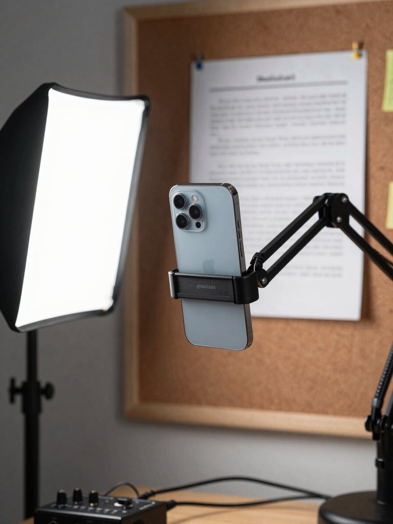 Tight overhead shot of a creator's desk setup — a flagship smartphone mounted on a camera arm, studio LED panel casting hard white light from the left, review script pages pinned to a corkboard just out of focus in the background, coaxial cables and a small audio interface visible at the frame's lower edge
