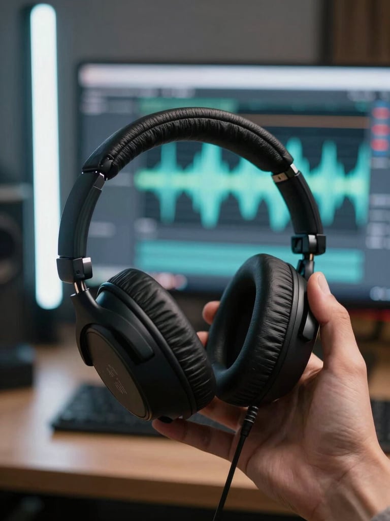 Tight environmental shot inside a creator studio, close-up of a hand holding a pair of over-ear headphones mid-review with a blurred secondary monitor showing waveform audio in the background, cool studio LED lighting from the left, no faces visible, technical and precise framing