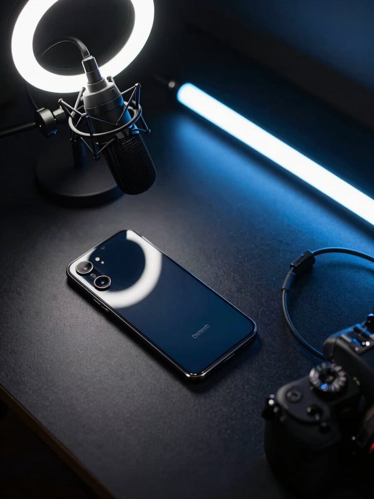 Wide overhead shot of a creator's desk, a flagship Android smartphone face-up at the left third of the frame with a professional microphone arm and ring-light reflection on the screen, studio LED strips casting cool blue-white light across a matte black surface, cables and a compact camera visible at the right edge, no people, no text