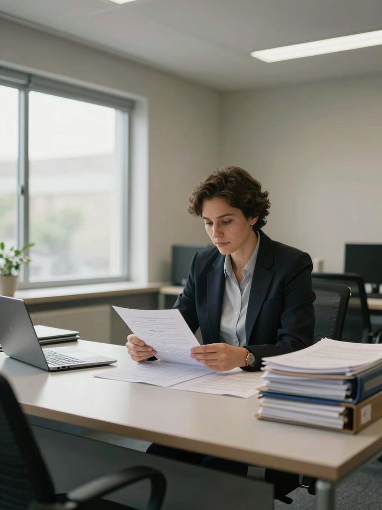 Wide office interior, South African tax practitioner seated at a clean desk reviewing printed documents under soft natural daylight from a window to the left, organised files and a laptop visible, calm professional atmosphere, medium shot from slight angle