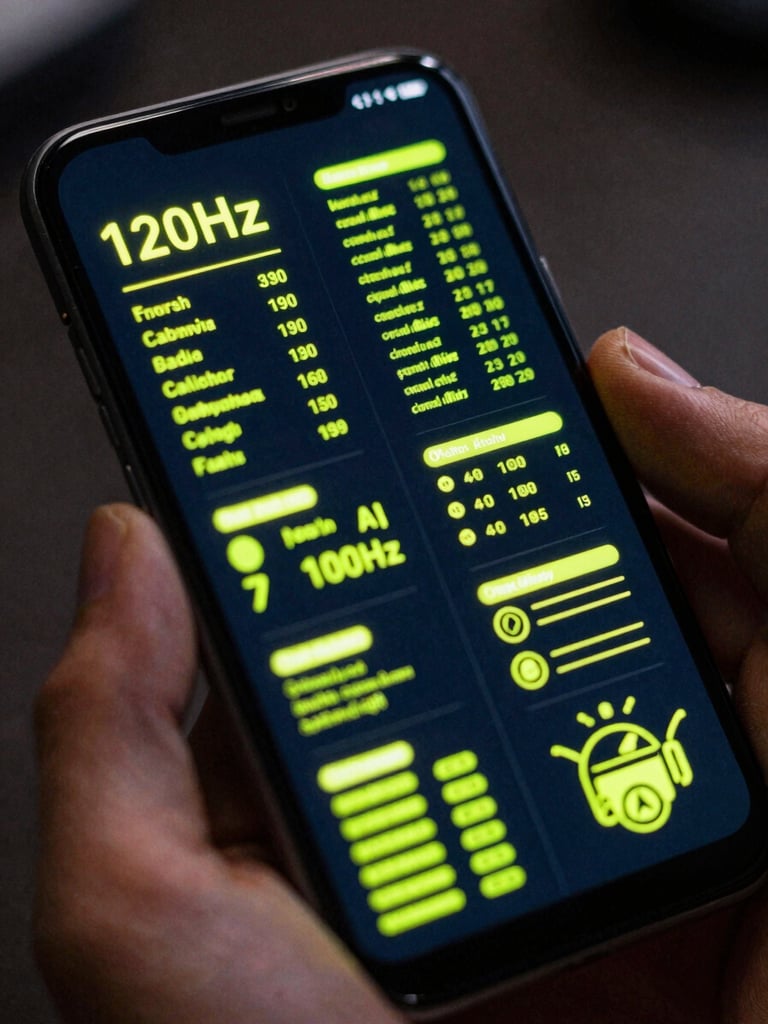 Extreme close-up of a flagship Android device in a dark room, glowing cyber-lime telemetry data on a 120Hz screen, neon screen-glare reflecting on a hand, technical aesthetic.