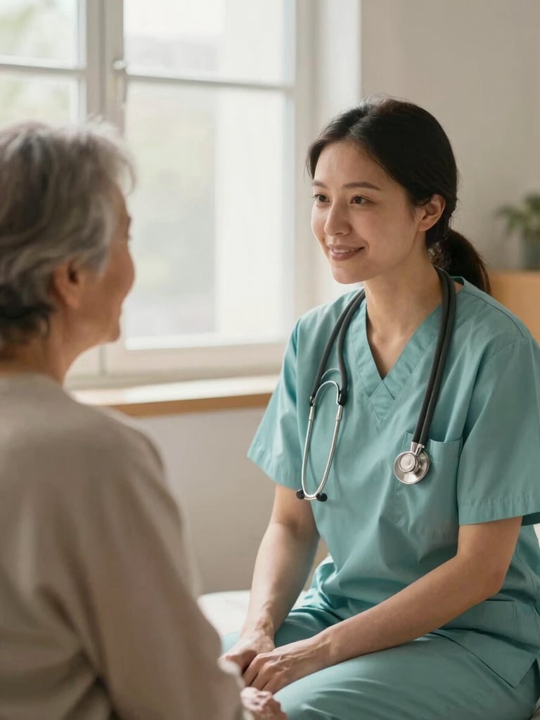A warm, respectful interaction between a healthcare care manager and an elderly patient in a home environment, soft natural window light, shallow depth of field.