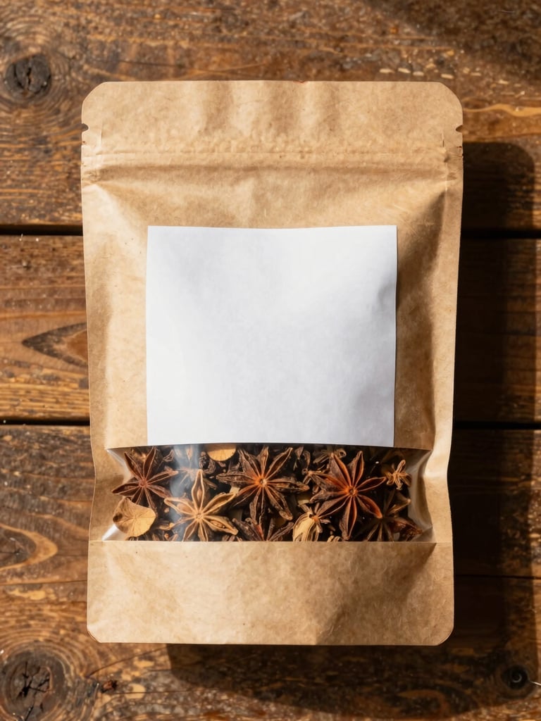 Overhead flat-lay of dried spice product in a simple kraft paper bag on a worn wooden surface, golden hour window light from the side casting soft shadows, label and grain texture clearly visible, no hands, no people