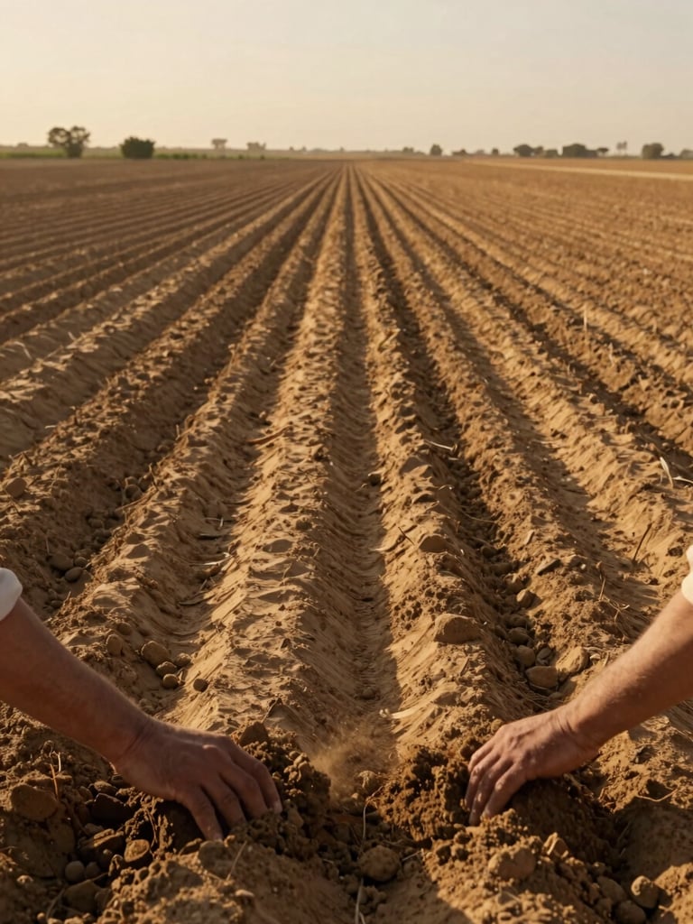 Wide environmental shot of a cultivated field in Egyptian countryside at golden hour, crop rows stretching toward low horizon, warm amber light across the soil, two hands visible in the lower third turning the earth, no people visible above the waist